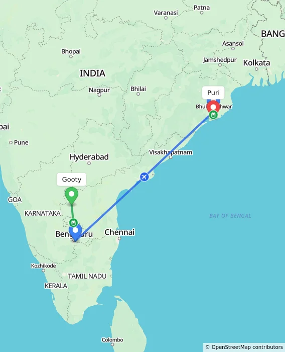 Route map showing distance and travel time from Gooty, India to Puri, India