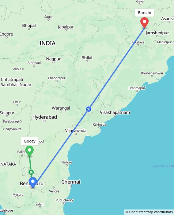 Route map showing distance and travel time from Gooty, India to Ranchi, India