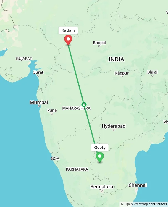 Route map showing distance and travel time from Gooty, India to Ratlam, India