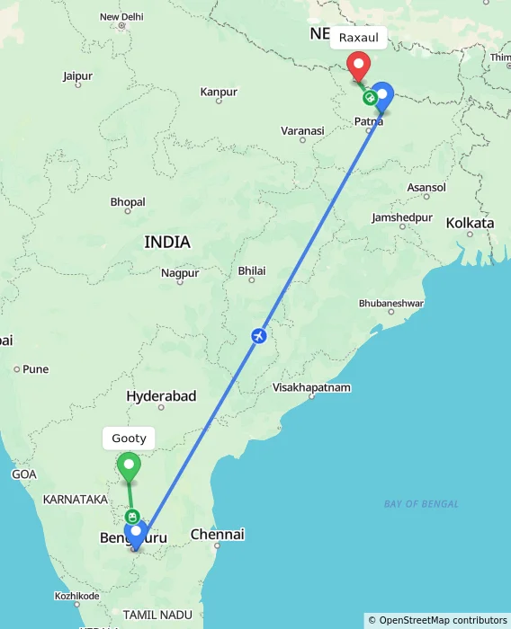 Route map showing distance and travel time from Gooty, India to Raxaul, India