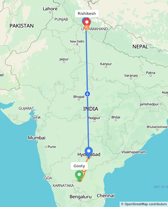 Route map showing distance and travel time from Gooty, India to Rishikesh, India