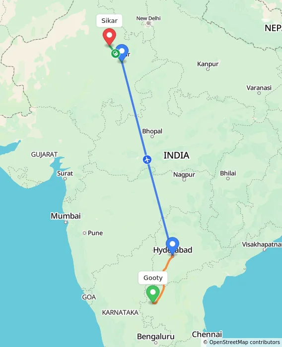 Route map showing distance and travel time from Gooty, India to Sikar, India