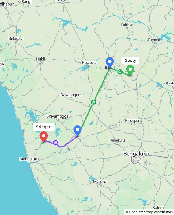 Route map showing distance and travel time from Gooty, India to Sringeri, India