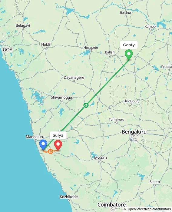 Route map showing distance and travel time from Gooty, India to Sulya, India