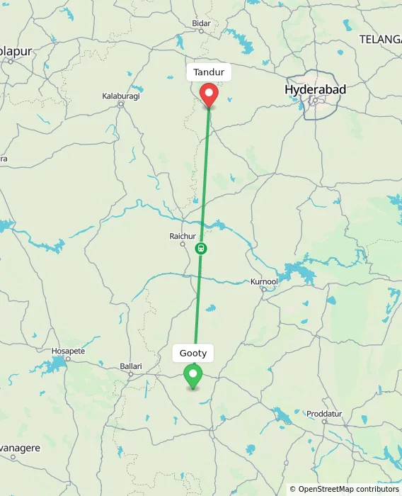 Route map showing distance and travel time from Gooty, India to Tandur, India
