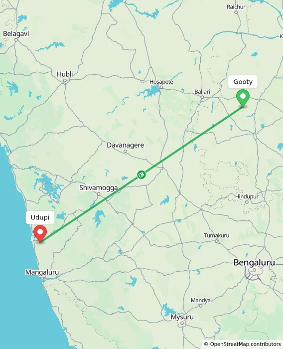 Route map showing distance and travel time from Gooty, India to Udupi, India