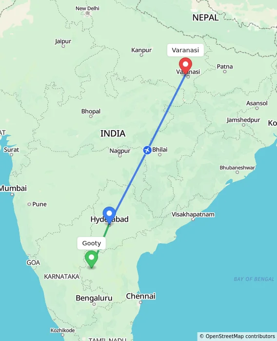 Route map showing distance and travel time from Gooty, India to Varanasi, India