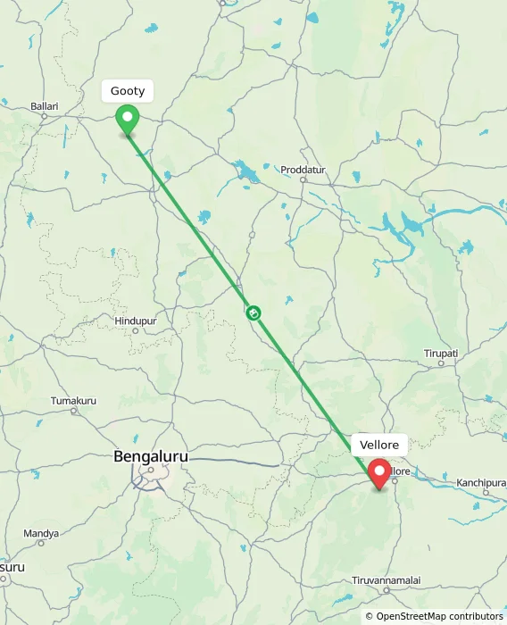 Route map showing distance and travel time from Gooty, India to Vellore, India
