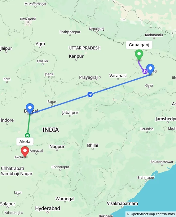 Route map showing distance and travel time from Gopalganj, India to Akola, India