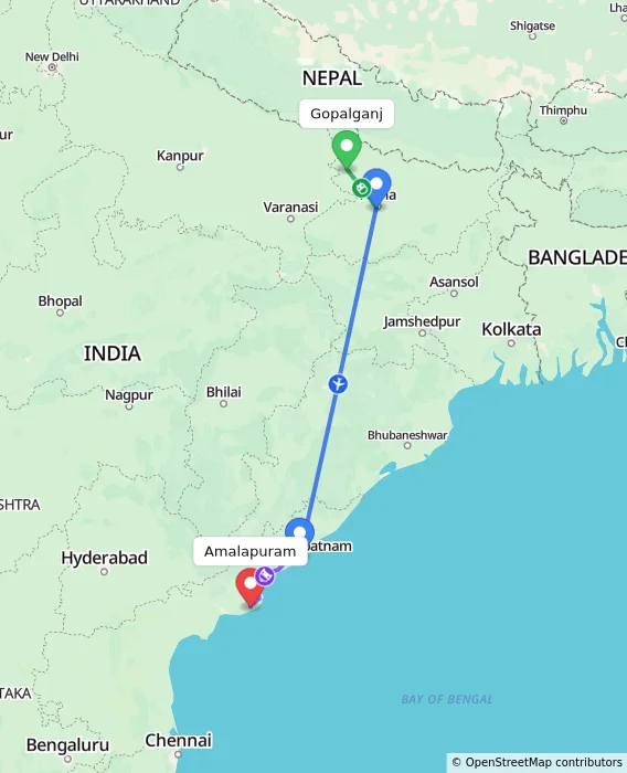 Route map showing distance and travel time from Gopalganj, India to Amalapuram, India
