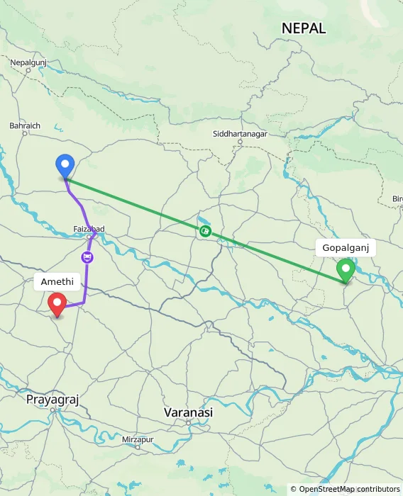 Route map showing distance and travel time from Gopalganj, India to Amethi, India