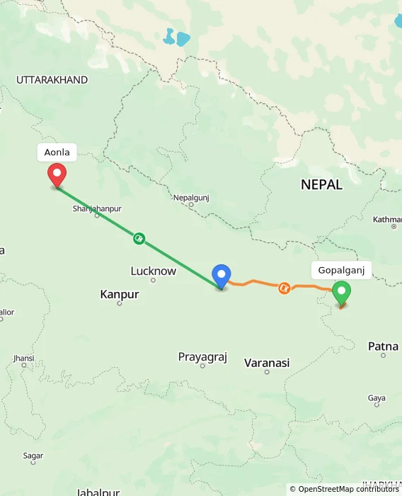 Route map showing distance and travel time from Gopalganj, India to Aonla, India