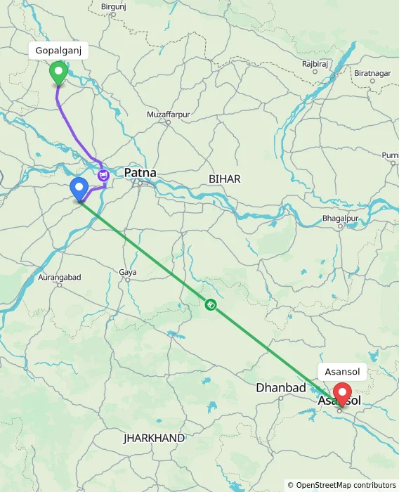 Route map showing distance and travel time from Gopalganj, India to Asansol, India