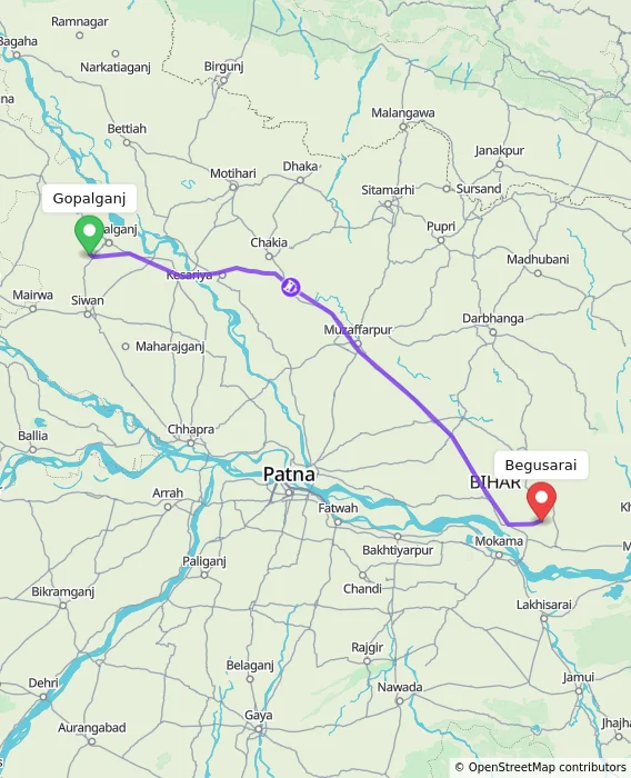 Route map showing distance and travel time from Gopalganj, India to Begusarai, India