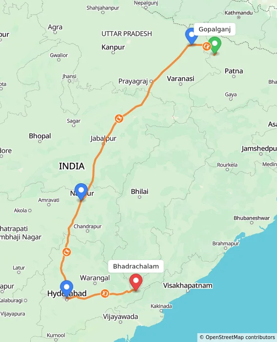 Route map showing distance and travel time from Gopalganj, India to Bhadrachalam, India