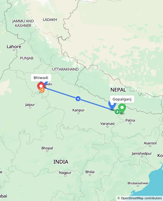 Route map showing distance and travel time from Gopalganj, India to Bhiwadi, India