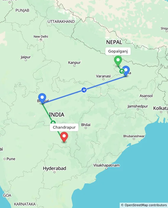 Route map showing distance and travel time from Gopalganj, India to Chandrapur, India