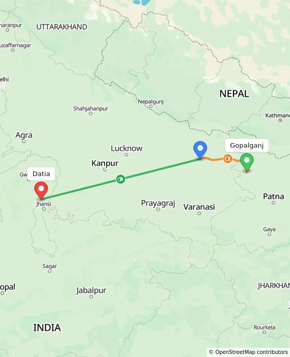 Route map showing distance and travel time from Gopalganj, India to Datia, India