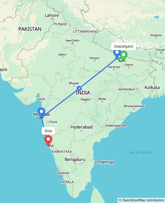 Route map showing distance and travel time from Gopalganj, India to Goa, India