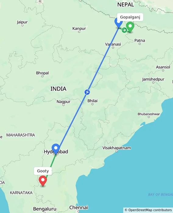 Route map showing distance and travel time from Gopalganj, India to Gooty, India