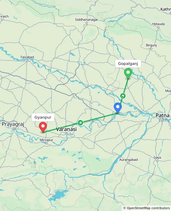 Route map showing distance and travel time from Gopalganj, India to Gyanpur, India