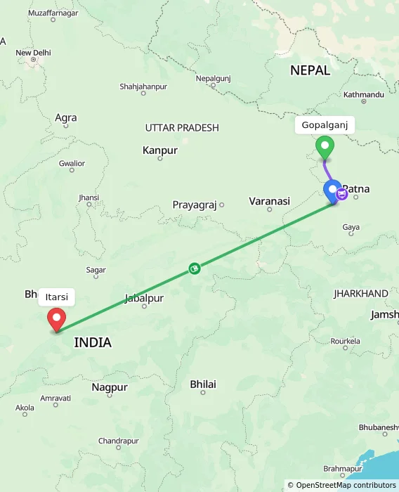 Route map showing distance and travel time from Gopalganj, India to Itarsi, India