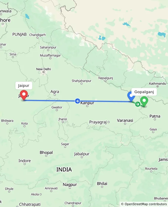 Route map showing distance and travel time from Gopalganj, India to Jaipur, India
