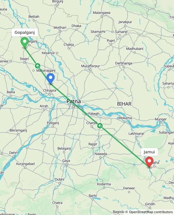 Route map showing distance and travel time from Gopalganj, India to Jamui, India