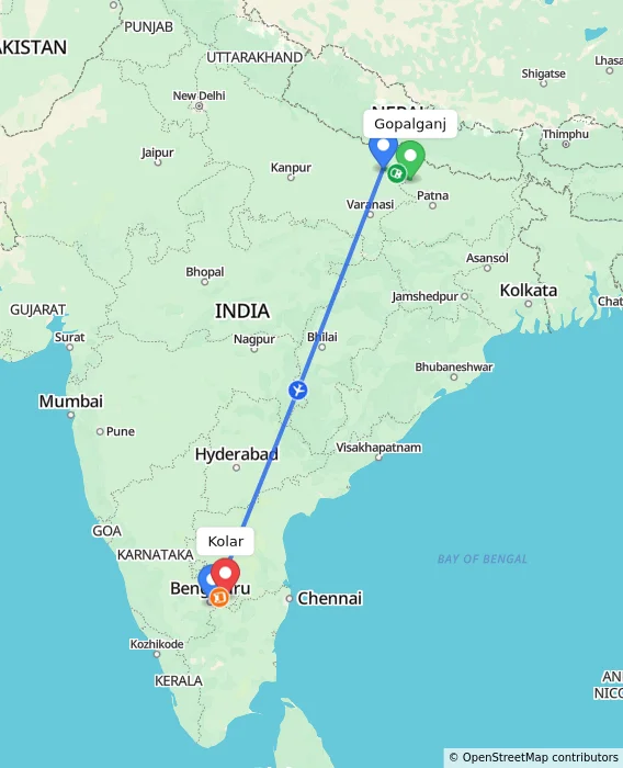Route map showing distance and travel time from Gopalganj, India to Kolar, India