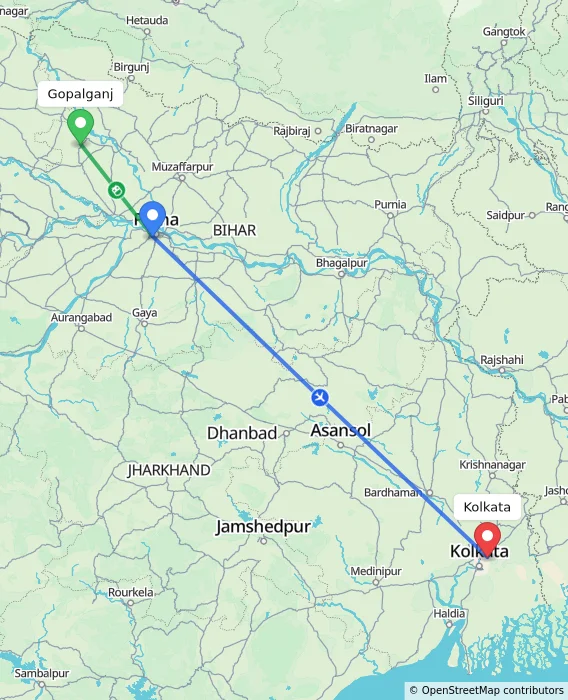 Route map showing distance and travel time from Gopalganj, India to Kolkata, India
