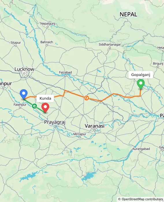 Route map showing distance and travel time from Gopalganj, India to Kunda, India