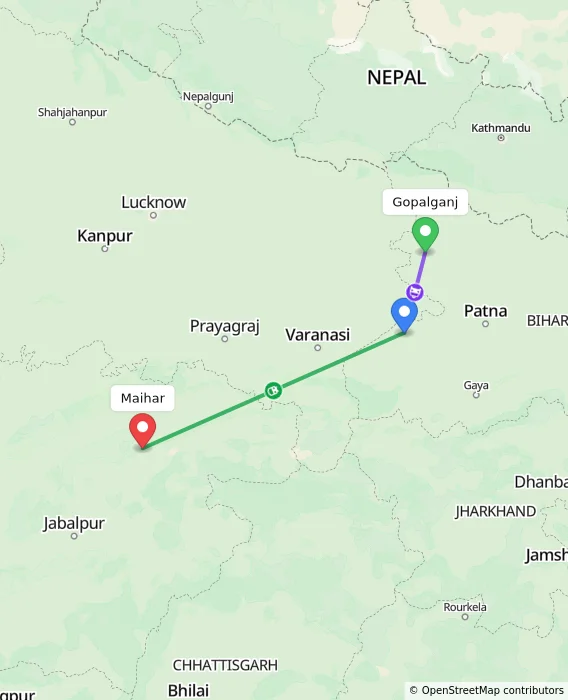 Route map showing distance and travel time from Gopalganj, India to Maihar, India