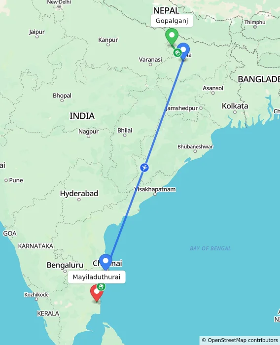 Route map showing distance and travel time from Gopalganj, India to Mayiladuthurai, India