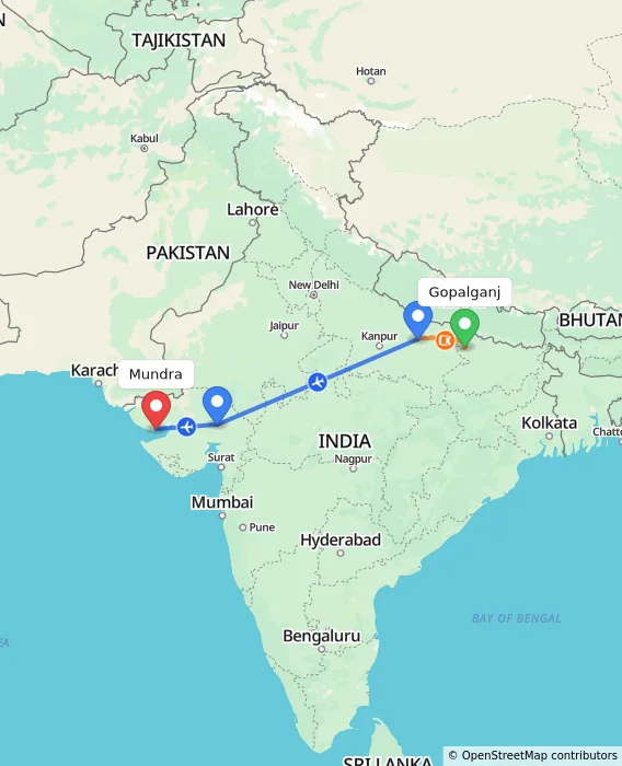 Route map showing distance and travel time from Gopalganj, India to Mundra, India