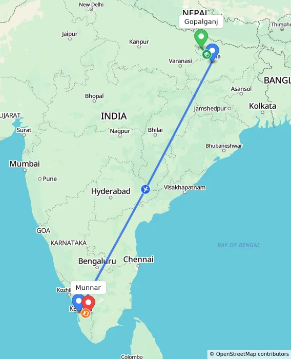 Route map showing distance and travel time from Gopalganj, India to Munnar, India