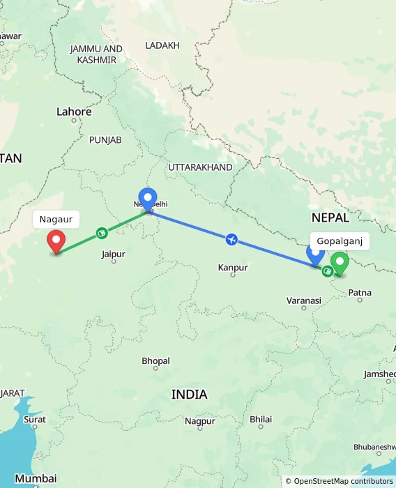 Route map showing distance and travel time from Gopalganj, India to Nagaur, India