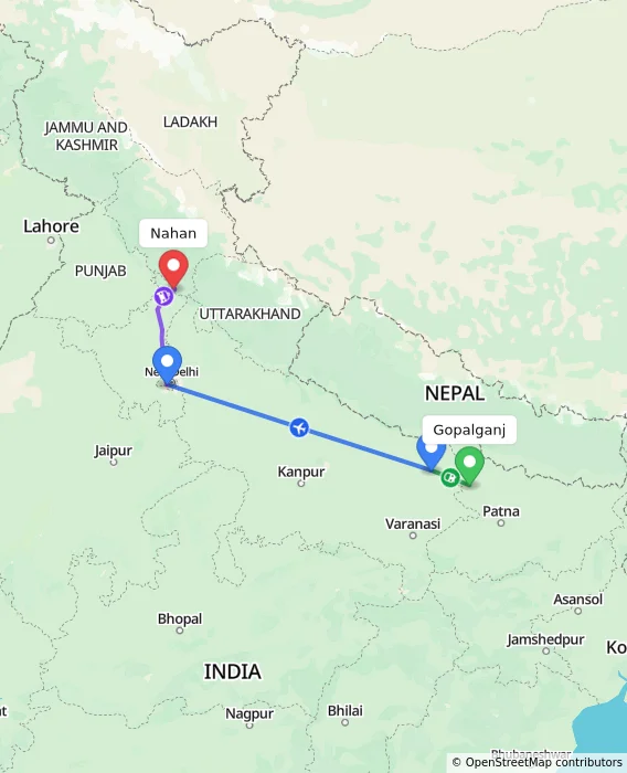Route map showing distance and travel time from Gopalganj, India to Nahan, India