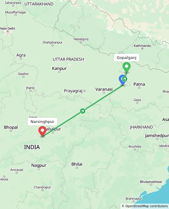Route map showing distance and travel time from Gopalganj, India to Narsinghpur, India