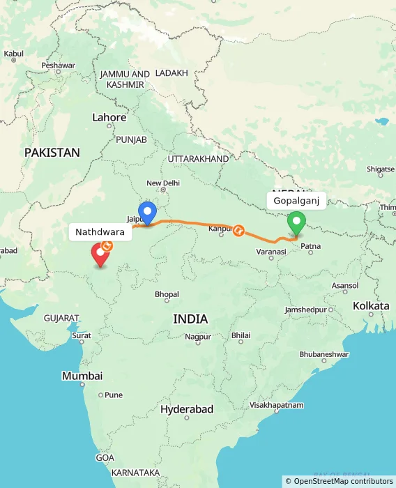 Route map showing distance and travel time from Gopalganj, India to Nathdwara, India