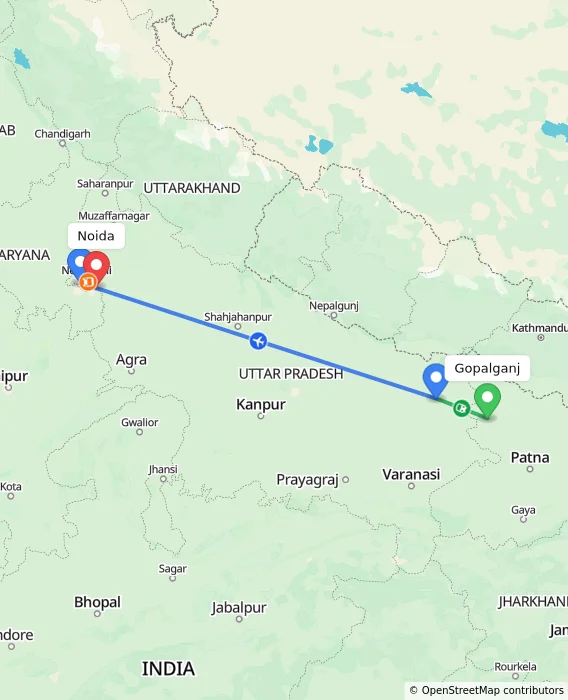 Route map showing distance and travel time from Gopalganj, India to Noida, India