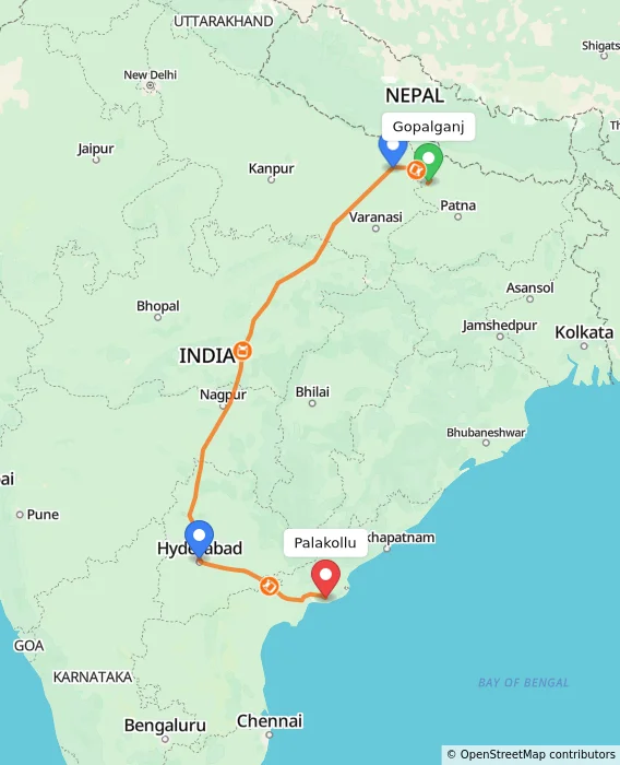 Route map showing distance and travel time from Gopalganj, India to Palakollu, India