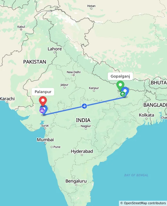 Route map showing distance and travel time from Gopalganj, India to Palanpur, India