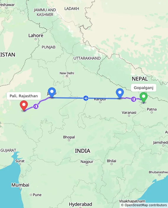 Route map showing distance and travel time from Gopalganj, India to Pali, Rajasthan, India