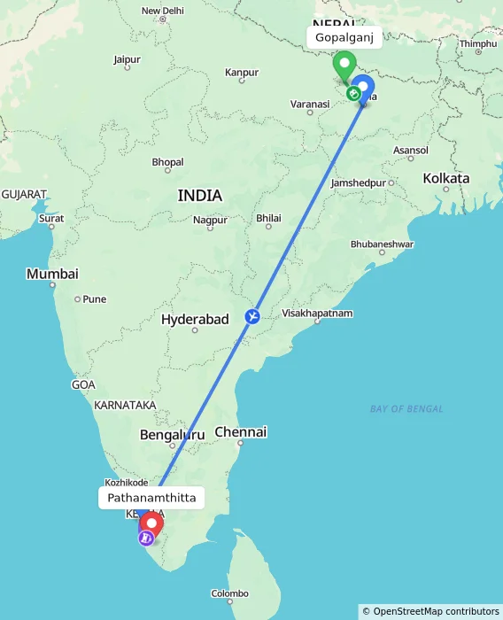 Route map showing distance and travel time from Gopalganj, India to Pathanamthitta, India