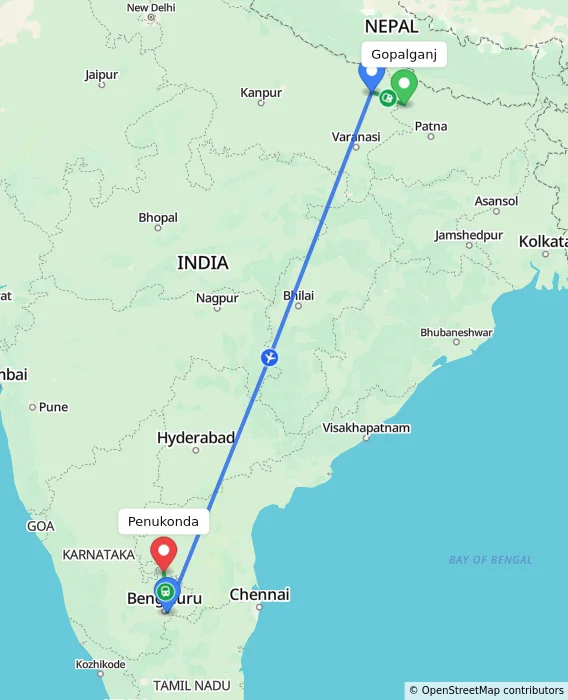 Route map showing distance and travel time from Gopalganj, India to Penukonda, India