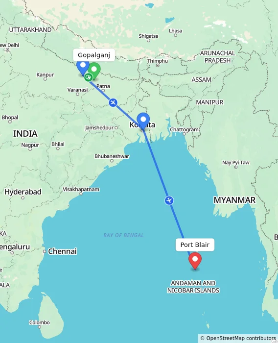 Route map showing distance and travel time from Gopalganj, India to Port Blair, India