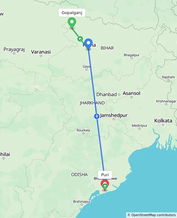 Route map showing distance and travel time from Gopalganj, India to Puri, India