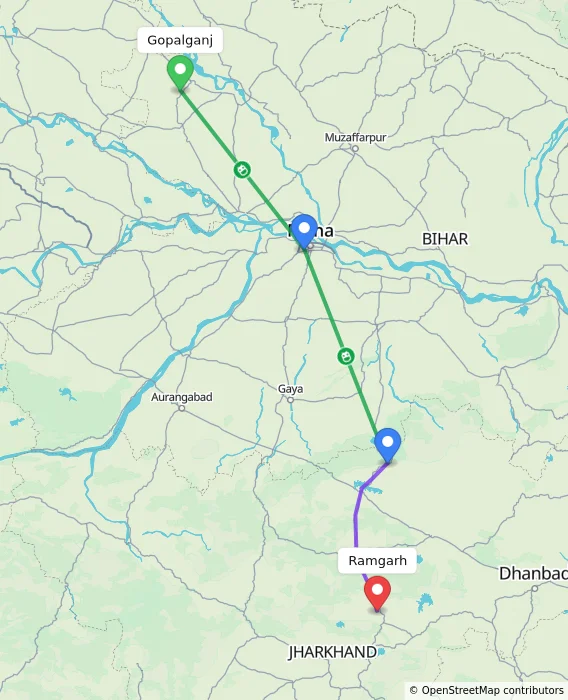 Route map showing distance and travel time from Gopalganj, India to Ramgarh, India