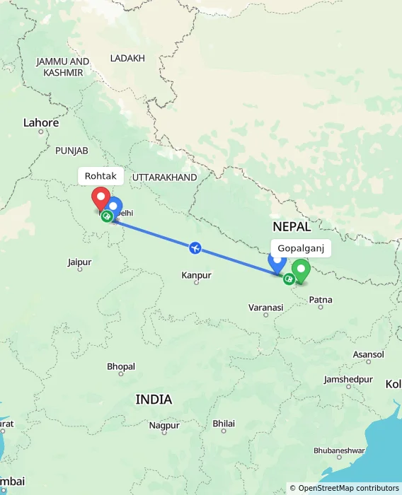Route map showing distance and travel time from Gopalganj, India to Rohtak, India