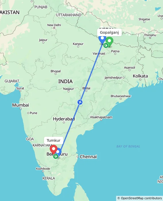 Route map showing distance and travel time from Gopalganj, India to Tumkur, India